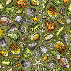 Cartoon doodles of sea life create a seamless green