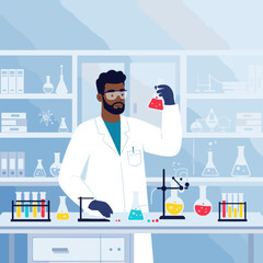 Scientist in a laboratory examining a red liquid in a flask with shelves of equipment