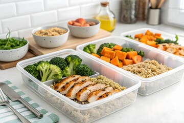 Healthy Meal Prep with Grilled Chicken, Quinoa, Broccoli, and Sweet Potatoes