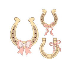 Coquette girlish lucky horseshoe with a bow vector illustration set isolated on white. Cowgirl Wild West print collection. Perfect for Fabric, digital scrapbooking, nursery decor, and Western themed