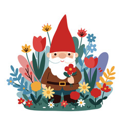 Fototapeta premium Cheerful garden gnome holding a flower amidst vibrant blooming flowers in spring