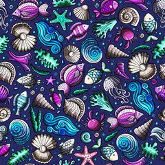 Cartoon doodles of sea life create a seamless