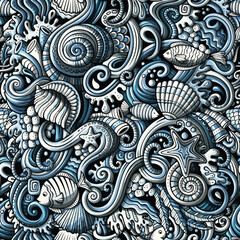Cartoon-style doodles of sea life, including fish and shells, arranged in a seamless pattern with a playful ocean theme