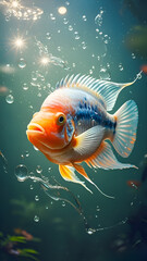 Vibrant tropical Flowerhorn Cichlid Fish swim in an underwater aquarium, a beautiful aquatic illustration of freshwater wildlife 002
