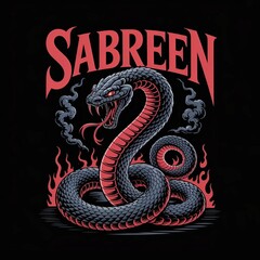 Obraz premium Illustration of a fierce cobra with the word sabreen in a bold decorative font against a black background
