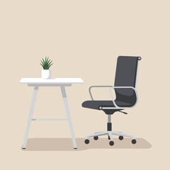 Fototapeta premium Modern workspace featuring a sleek chair and table with a plant against a neutral backdrop