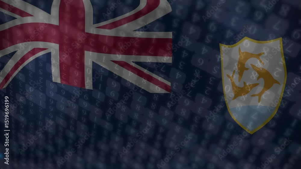 Poster virtual breeze causing anguilla flag rippling while digits and code streaming, visualizing matrix