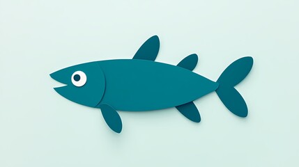 Obraz premium Teal paper cut out fish on a light blue background. Simple, minimalist design for children's books, marine themes, or educational materials.