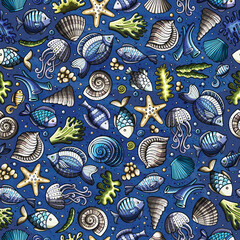 Seamless pattern of whimsical cartoon sea life doodles, featuring fish, starfish, and coral in a colorful design