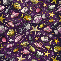 Hand-drawn cartoon doodles of various sea creatures and elements arranged in a seamless pattern, showcasing ocean life.