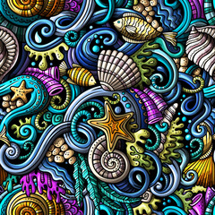 A seamless pattern of hand-drawn cartoon sea life doodles, including fish, shells, and marine plants in vibrant colors.