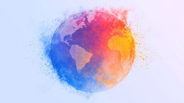 Abstract colorful exploding earth globe. Concept of global warming, climate change, environmental protection, and world map.