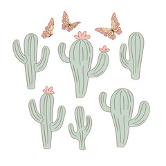 Pastel Cactus and Floral vector illustration set isolated on white. Cute Succulent and Desert Flower print collection for Fabric, Kids, Stationery, and Home Decor.