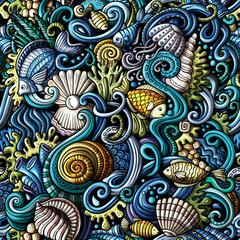 Cartoon doodles of sea life create a seamless pattern featuring fish, shells, and waves in a playful design