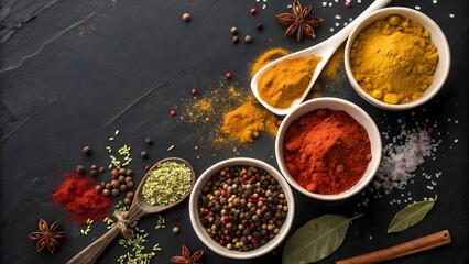 An Assortment of Colorful Spices with Bowls and Ingredients on Dark Surface