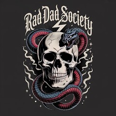 Rad dad society illustration featuring a skull coiled by a snake with lightning bolt symbol for t shirt design or apparel