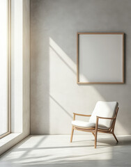 minimalist room with empty wooden frame on wall and comfortable chair by window, bathed in soft natural light, creating serene atmosphere