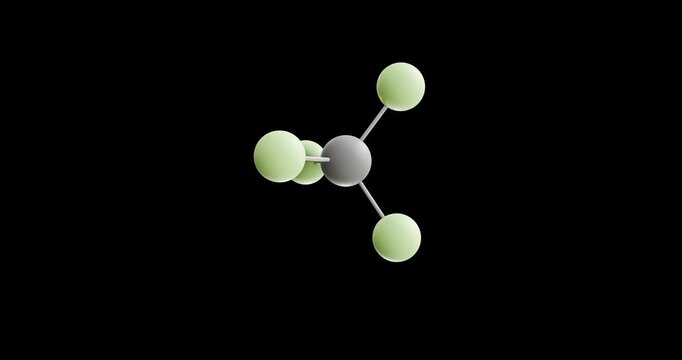 Carbon tetrafluoride molecule, rotating 3D model of tetrafluoromethane, looped video on a black background
