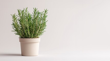 Rosemary herb plant in natural clay pot on soft background