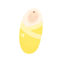 Cute newborn baby. Beautiful hand drawn baby in a yellow diaper. Sleeping child