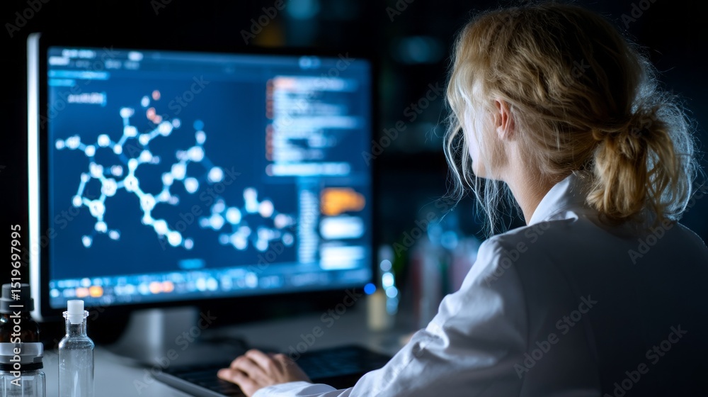 Poster Female scientist analyzes molecular structures using computer software in a modern lab environment during nighttime
