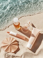 Makeup flat lay on sand background — tinted moisturizer, lip oil, bronzer stick, and colorful eyeliners. Summer beauty essentials