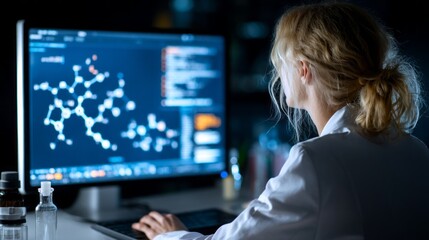 Female scientist analyzes molecular structures using computer software in a modern lab environment during nighttime