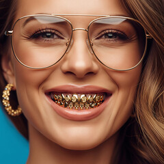 Une femme blonde souriant avec des dents en or