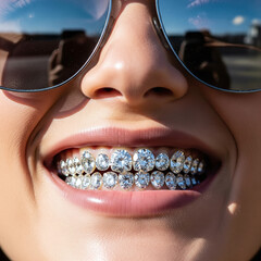 Femme souriant avec des dents en diamant et des lunettes de soleil