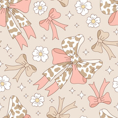 Pastel Coquette Boho Cowgirl Vector Seamless Pattern with Cow Print Bows and Daisy Flowers. Cowboy Wild West Girlish floral background. Feminine Western Style for Fabric, Stationery, Kids
