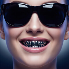 Femme souriant avec des dents métalliques et des lunettes de soleil