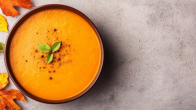 Creamy Pumpkin Soup in Rustic Bowl with Autumn Leaves.  Perfect for fall recipes, food blogs, and seasonal menus.