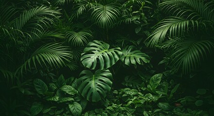 Lush Green Tropical Foliage Monstera and Palm A Vibrant Jungle Background