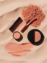 Makeup flat lay on sand background — tinted moisturizer, lip oil, bronzer stick, and colorful eyeliners. Summer beauty essentials