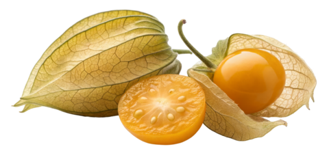 Groundcherry Composition Whole and Halved Fruit Isolated on Transparent Background, Physalis, Golden Berry, Physalis, Groundcherry, Fruit