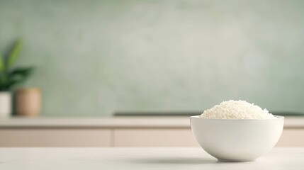 Close up of a bowl of uncooked white rice on a kitchen counter.  Simple, clean, and healthy food concept.