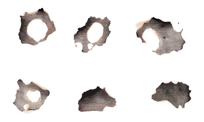 Set of burnt paper holes texture, background, grunge paper texture, vintage torn edges, distressed paper, vector illustration, rough paper surface, worn paper texture, old paper background.