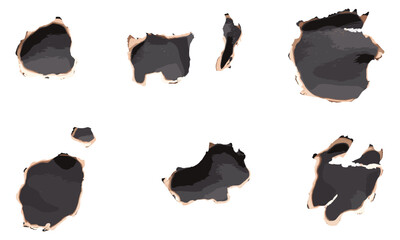 Set of paper holes, grunge background, vintage torn edges, worn paper texture, burnt paper background, rough paper surface, distressed texture, vector illustration, textured paper backdrop.