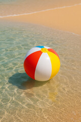 Obraz premium Colorful Beach Ball Floating in Clear Shallow Water on Sandy Shoreline 