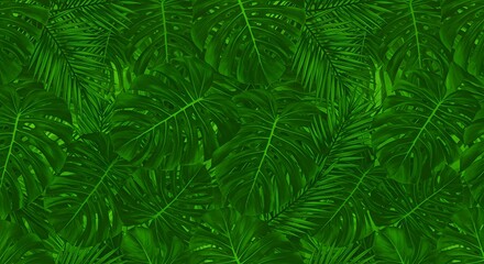 Lush Green Tropical Leaf Background Seamless Pattern of Exotic Monstera and Palm Foliage