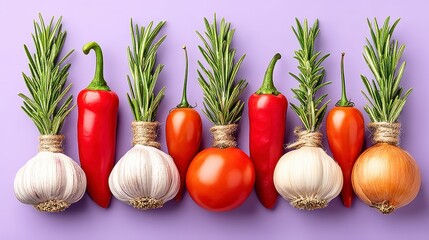 Vibrant Still Life Featuring Fresh Vegetables and Herbs on Light Purple Backdrop