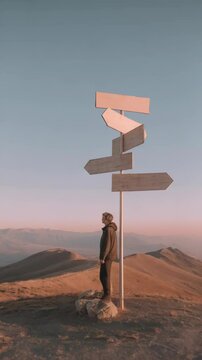 Person contemplating direction on mountain top near multiple signposts at dusk with mountain landscape