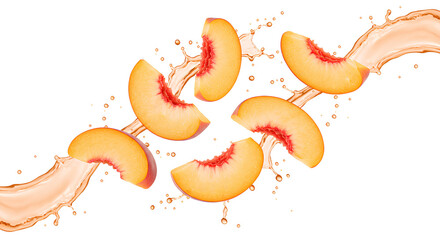 peach slices falling down with orange juice PNG. Fresh and organic peach juice with peach fruit flying isolated. Vegan vegetarian peaches flying png. peach fruit isolated