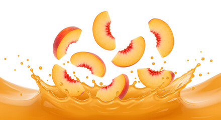 peach slices falling down with orange juice PNG. Fresh and organic peach juice with peach fruit flying isolated. Vegan vegetarian peaches flying png. peach fruit isolated