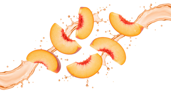 peach slices falling down with orange juice PNG. Fresh and organic peach juice with peach fruit flying isolated. Vegan vegetarian peaches flying png. peach fruit isolated