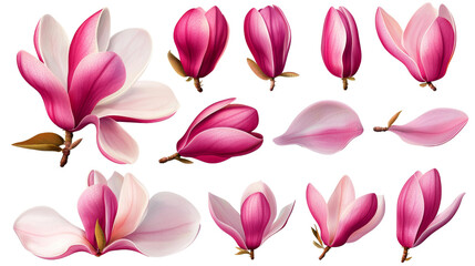 Magnolia Flower Collection 12 Stages of Bloom, Isolated on Transparent Background, Pink, White, Magnolia, Blossom, Spring