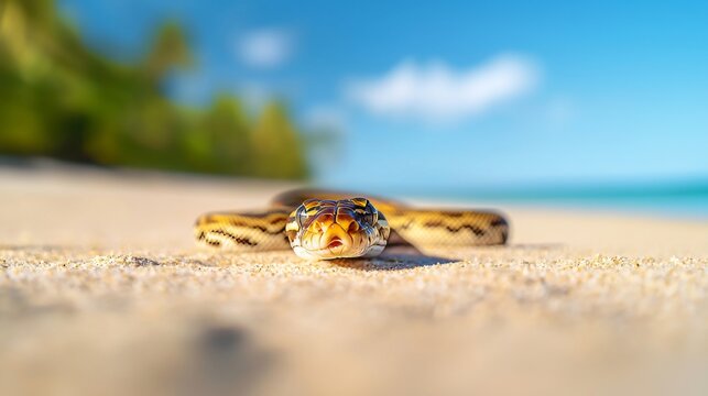 Close up of a coastal carpet python on a tropical beach.  Exotic wildlife, reptile, nature photography.