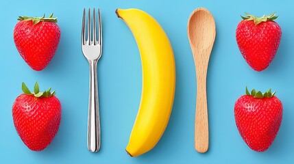 Vibrant Strawberries with Banana Silver Fork and Wooden Spoon on Light Blue Background