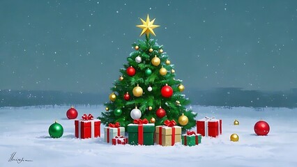 Obraz premium Christmas tree gifts winter minimalist background, background, wallpaper hd, photo background, images, photos, horizontal, isolated assets, south asian indigenous hispanic or latinx illustration, 