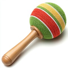 Vibrant Striped Maraca with Wooden Handle on White Background Musical Instrument
